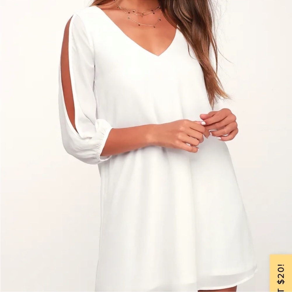 Lulu’s Small Ivory White V-Neck Dress w Peekaboo Long Sleeves Graduation - Picture 2 of 7